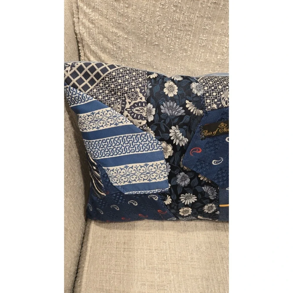 Handmade Upcycled Necktie Patchwork Lumbar Pillow – Reis of New Haven – Blue Mix